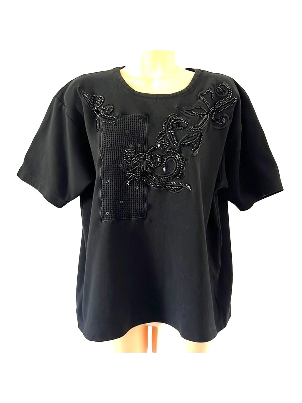 Santoria Black Bead Embellished Knit Top Woman Size Large Short Sleeve